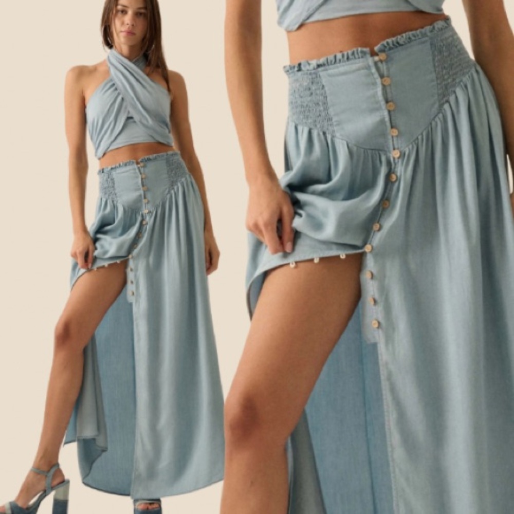 New Chambray Denim Smocked Maxi Skirt - Picture 8 of 8